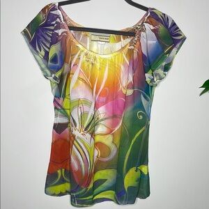 Carrie Allen Yellow and Pink Graphic Cap Sleeve Blouse